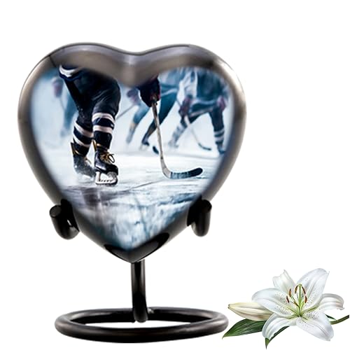 Ice Hockey Heart Keepsake Urn – Mini Heart-Shaped Urn for Human Ashes – Small Sports Cremation Urn for Adults & Infants with Premium Box, Display Stand & Bag - size: Heart Keepsake