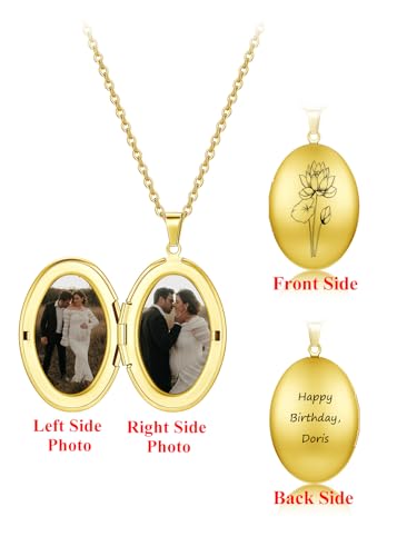 Custom Photo Locket Necklace Women Personalized Text Birth Flower Necklace that Hold Picture Stainless Steel Memorial Jewelry for Mothers Day Christmas - color: Golden