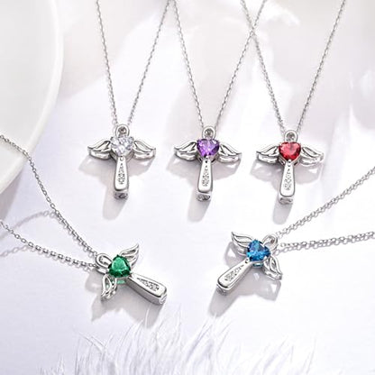 YLT S925 Sterling Silver Cross Angel Wings Necklace for Ashes | Cremation Urn Pendant Birthstone Jewelry Memorial Keepsake Memory Ashes Jewelry Gifts - color: Aquamarine