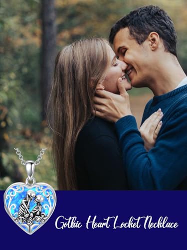 Personalized Heart Locket Necklace That Holds Pictures 925 Sterling Silver Custom Photo Lockets Necklaces Jewelry Gifts for Family Women Lover - color: Skull-Blue opal, style: Locket Only