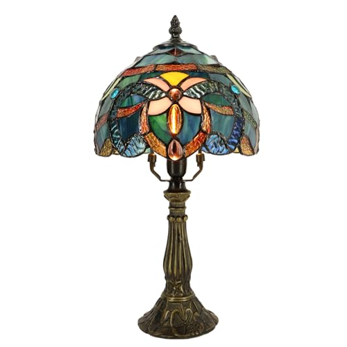 Tiffany Table Lamp Stained Glass Bedside Accent Light 8X8X14.5 inch | Blue Baroque Style Stained Glass Memory Sympathy Light Push Button Switch Vintage Resin Base Decor For Bedroom Living Room - color: Blue Baroque Style