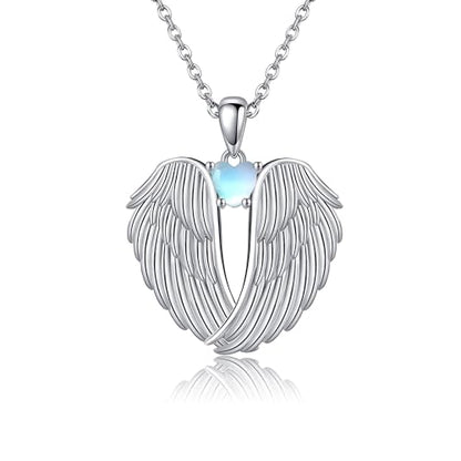 YFN Angel Wings Necklace 925 Sterling Silver Guardian Angel Wings Pendant Necklace Birthstone Necklace for Women Girls Christmas Jewelry Gifts - color: moonstone wings