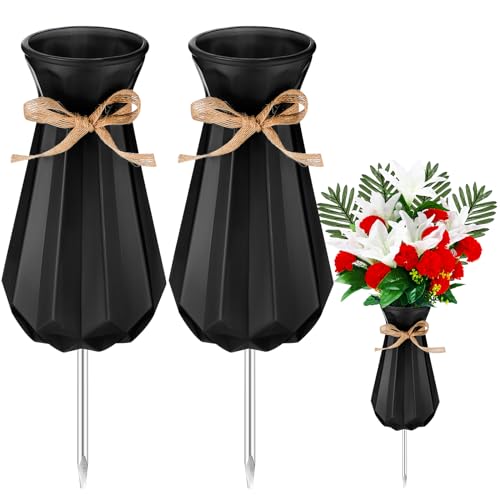 Qinyoung 2 Cemetery Vase for Grave with Metal Spikes Flower Holder,Black | Headstones Memorial Flower Vase, Durable Plastic Cemetery Vase, Outdoor Grave Decorations for Gravestone Memorial Gifts - color: Black
