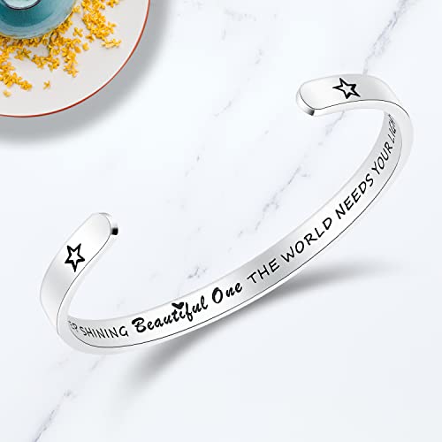 TONY & SANDY Inspirational Bracelets for Women Teen Girls Personalized Gifts for Daughter Granddaughter Mom Sister Friends Stainless Steel Engraved Cuff Birthday Easter Christmas - style: A - Keep shining beautiful one the world needs your light