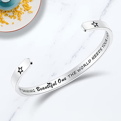 TONY & SANDY Inspirational Bracelets for Women Teen Girls Personalized Gifts for Daughter Granddaughter Mom Sister Friends Stainless Steel Engraved Cuff Birthday Easter Christmas - style: A - Keep shining beautiful one the world needs your light