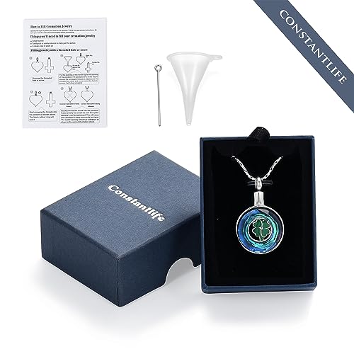 constantlife Cremation Jewelry Memorial Urn Necklace for Ashes Lucky Four-Leaf Clover Design Stainless Steel Pendant Keepsake - color: Z-Blue Crystal