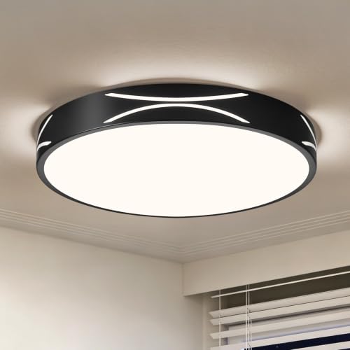 WOKNOS Dimmable Black LED Flush Mount Ceiling Light, Metal, 11.8 in | 5CCT 2700K-6000K Modern Close to Ceiling Lighting Fixtures, Round Ceiling Lamp for Bedroom, Kitchen, Hallway, Laundry Room - color: Black, size: 11.81 in