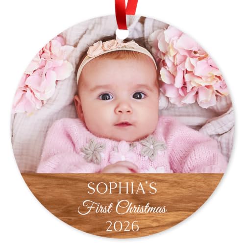 Personalized Baby First Christmas Ornaments Boy and Girl, Custom Photo and Name 2025 Christmas Tree Ornament, Velvet Pouch Included, 3.75" ACM Ornament, Made in The USA - color: Baby Wood