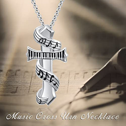 PELOVNY Urn Necklaces for Ashes of Loved Ones 925 Sterling Silver Personalized Heart Locket Urn Necklace Cremation Keepsake Memorial Jewelry Gifts for Women Men - color: Music Cross Urn
