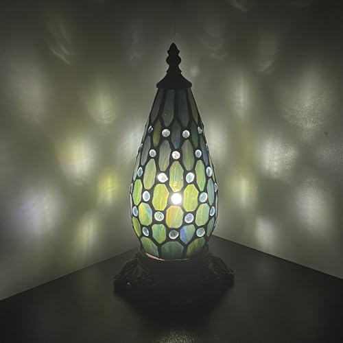 Small Tiffany Lamp Stained Glass Table Lamp 5.5X11 Inch Christmas Tree Lighthouse Mini Accent Memory Sympathy Antique Night Light for Bedroom Living Room (Blue Pearl) - color: blue pearl