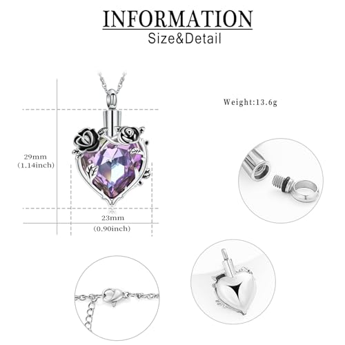 Cremation Jewelry for Ashes Rose Flower Urn Necklace with Crystal Heart Ashes Pendant Butterfly Necklaces for Women Men Memorial Keepsake Jewelry Gift - color: Silver-purple