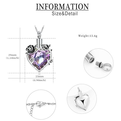 Cremation Jewelry for Ashes Rose Flower Urn Necklace with Crystal Heart Ashes Pendant Butterfly Necklaces for Women Men Memorial Keepsake Jewelry Gift - color: Silver-purple