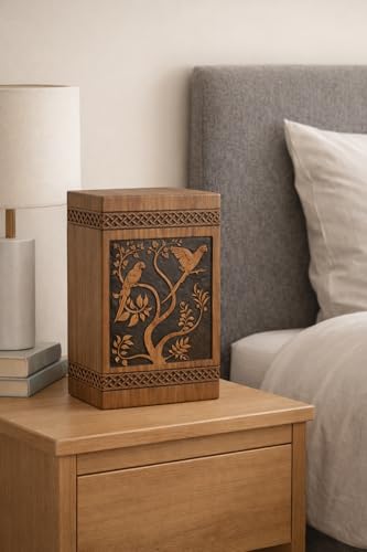 Urn for Ashes – Parrot & Tree Engraved Memorial Urn Box, Decorative Cremation Urn, Premium Wood Display[Available urn Box in 5 Different Sizes] ((Full Size 14X7.5 600 Cubic INCHES))