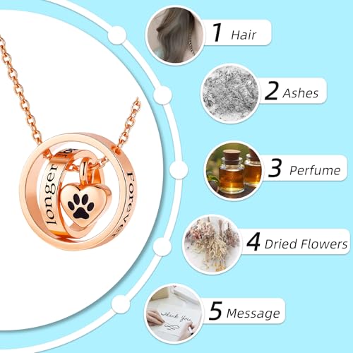Cremation Jewelry for Ashes Pendant Dog/Cat Funeral Keepsake Urn Necklace Paw Print Memorial Necklace Forever in My Heart,No Longer by My Side Pet - color: Rose Gold