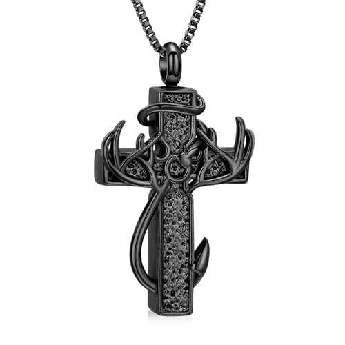 XSMZB Cross Cremation Jewelry Urn Necklace for Human Ashes Fish Hook Memorial Urn Pendant Deer Antler Cross Ashes Holder Keepsake Jewelry - color: Black