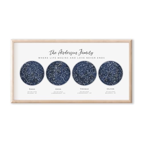 4 Skies Custom Star Map Print, Navy Watercolor Texture Zodiac Constellation Sky Map, Wedding Anniversary Birthday Gift For Him Her Husband Wife Mom Dad, Wall Art Prints (Four Circles B) - style: Four Circles B