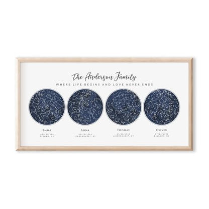 4 Skies Custom Star Map Print, Navy Watercolor Texture Zodiac Constellation Sky Map, Wedding Anniversary Birthday Gift For Him Her Husband Wife Mom Dad, Wall Art Prints (Four Circles B) - style: Four Circles B