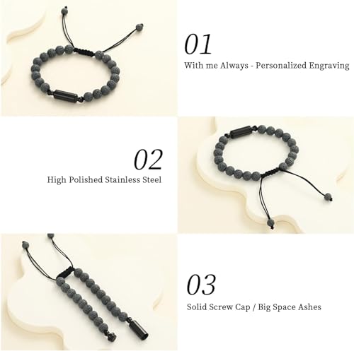 Hearbeingt Cylinder Cremation Bracelet for Ashes Adjustable Rope Urn Bangle - color: B-Black grey