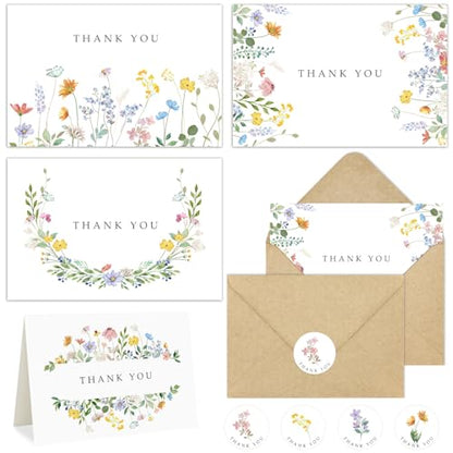 100 Pack Floral Thank You Cards with Envelopes, Watercolor Wildflower Thank You Notes with Kraft Envelopes Sticker for Birthday Wedding Baby Shower Bridal Shower Teachers Graduation, 4 x 6 Inch - color: 100pcs