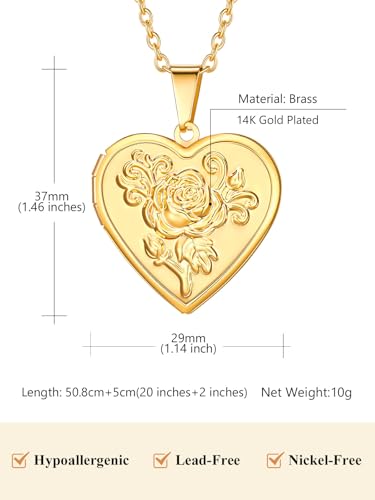 Custom4U Personalized Heart Locket Necklace with Pictures,Sunflower/Angel Wings/Heart Shaped Lockets Custom Photo,Gold/Rose Gold/White Lockets That Holds Picture,Customized Memorial Jewelry for Women - color: C-Heart-Gold(Locket + Photo + Engraving)