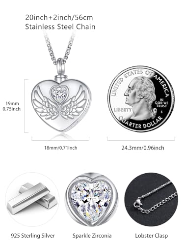 TANGPOET Urn Necklace for Human Pet Ashes for Women Men 925 Sterling Silver Urn Pendant Cremation Jewelry Necklace for Ashes of Loved One Memorial Keepsake - style: Heart-Angel Wings