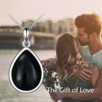 CRMAD Larimar/Opal/Lapis Lazuli/Tourmaline/Malachite/Labradorite/Turquoise/Onyx/Rose Quartz/Amber/Peridot Necklace for Women 925 Sterling Silver Teardrop Pendant Jewelry Gifts - color: black tourmaline