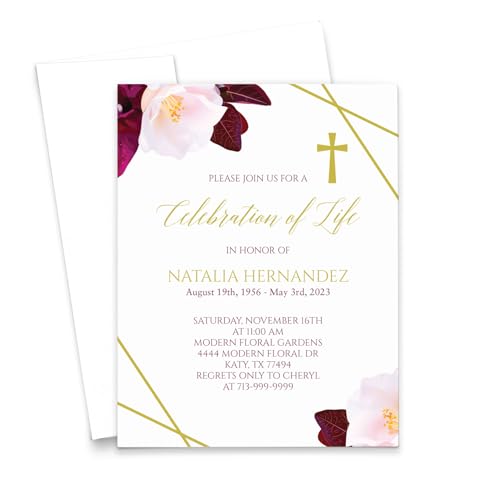 Personalized Printed Celebration of Life Invitations with Envelopes, FLAT Memorial Service Invitations With Gold, Funeral Service Invitation Cards Floral, Your Choice of Quantity and Envelope Color