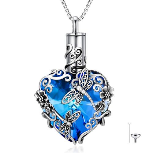 JKR Heart Urn Necklace for Ashes Crystal Keepsake Pendant Memorial Jewelry | Crystal Cremation Jewelry Loss Of Loved One Sympathy Gift for Mom Wife Grandma Daughter - style: Dragonfly-Blue Heart