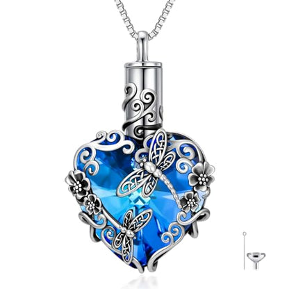 JKR Heart Urn Necklace for Ashes Crystal Keepsake Pendant Memorial Jewelry | Crystal Cremation Jewelry Loss Of Loved One Sympathy Gift for Mom Wife Grandma Daughter - style: Dragonfly-Blue Heart