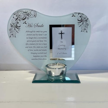 His Smile - Inspirational Poem, Candle and Photo Holder Glass Memorial Plaque