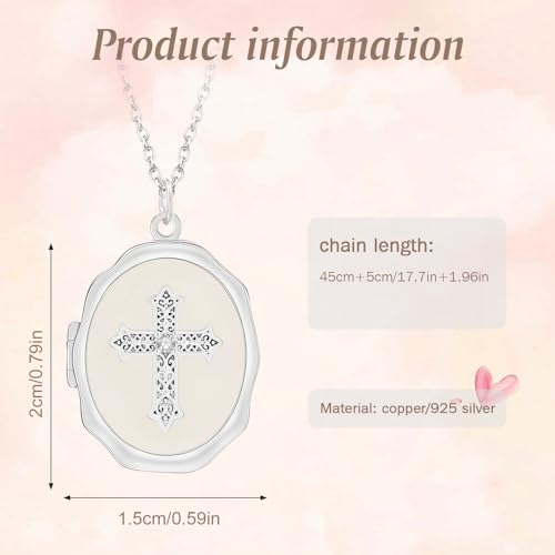 18K Gold Cross Locket Necklace for Women Holds Photo Necklace with Personalized Picture Necklaces Pendant 18 Inch Birthday Mother's Day for Women - color: Silver Cross