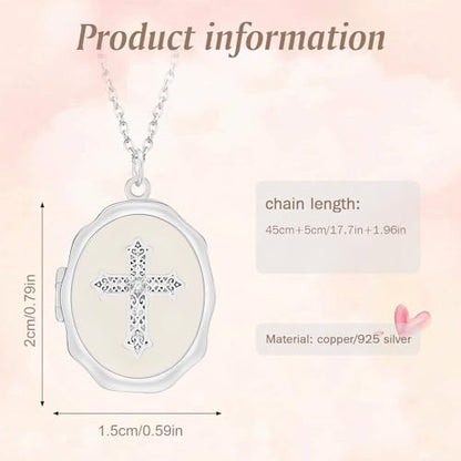 18K Gold Cross Locket Necklace for Women Holds Photo Necklace with Personalized Picture Necklaces Pendant 18 Inch Birthday Mother's Day for Women - color: Silver Cross