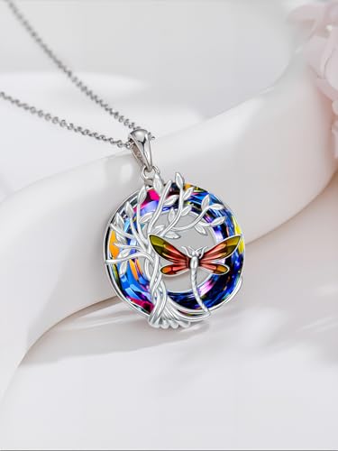 TOUPOP Butterfly Necklace for Women 925 Sterling Silver Tree of Life Butterflies Dragonfly Hummingbird Pendant Necklaces Crystal Jewelry Anniversary Christmas Birthday Gift for Her - color: Dragonfly Red