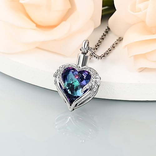shajwo Angel Wing Heart Urn Necklace for Ashes - color: Silver-Purple Green