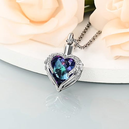 shajwo Angel Wing Heart Urn Necklace for Ashes - color: Silver-Purple Green