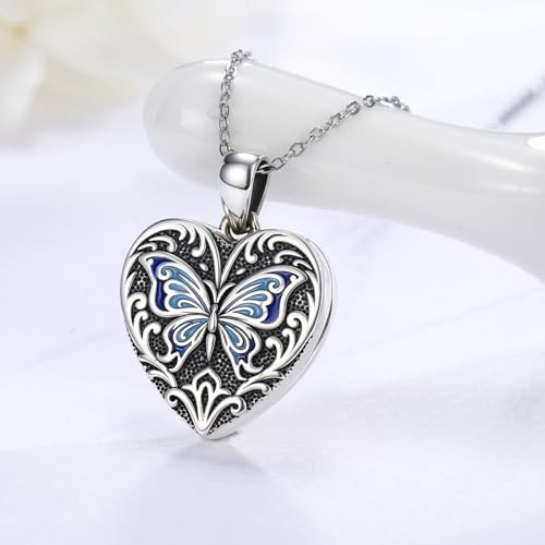 Heart Photo Locket Necklace Sterling Silver for Women | Dragonfly, Butterfly, Turtle, Dog Paw and Mother Daughter Styles, Jewelry Gifts for Mom Christmas Birthday Anniversary. - style: 2-Butterfly