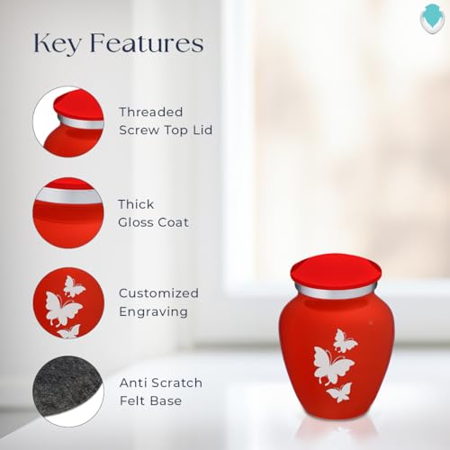 Embrace Keepsake Personalized Butterfly Cremation Urns for Human Ashes I Bright Red Funeral Urn for Men and Women with Double Side Engraving I 3.5 lbs - color: Bright Red