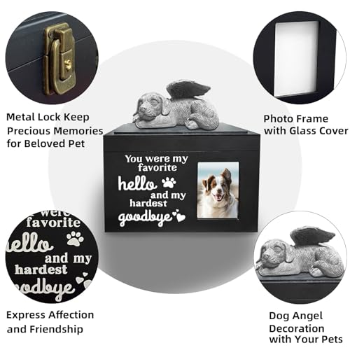 Dog Urns for Ashes Up to 100 lbs, Premium Wooden Pet Urns for Dogs with Memorial Photo Frame and Resin Statue, Dog Urn Sympathy Gift for Both Large Midium Golden Retriever, Labrador, Shepherd