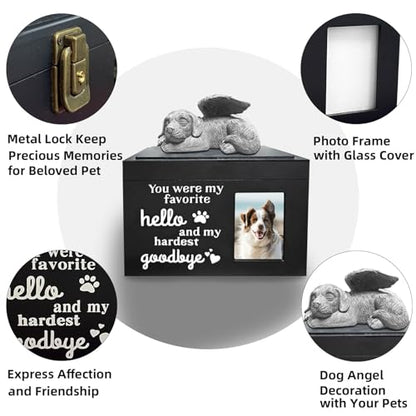 Dog Urns for Ashes Up to 100 lbs, Premium Wooden Pet Urns for Dogs with Memorial Photo Frame and Resin Statue, Dog Urn Sympathy Gift for Both Large Midium Golden Retriever, Labrador, Shepherd
