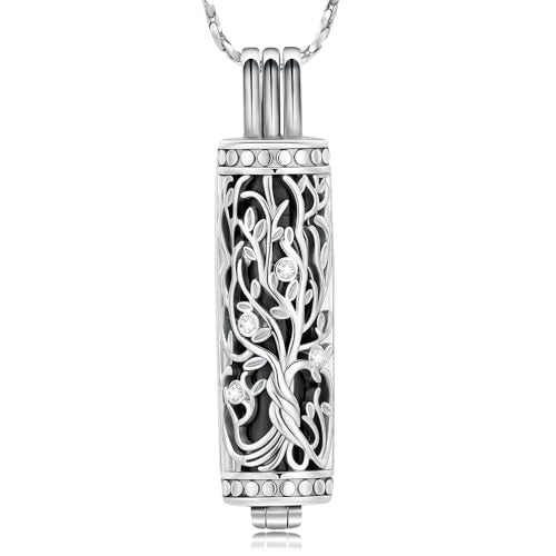 Tree of Life Urn Necklace for Women Men Cylinder Bar Memorial Ash Pendant | Tree of Life Cremation Jewelry,Stainless Steel Keepsakes Necklaces,Vial Ashes Pendant - color: Silver-Black