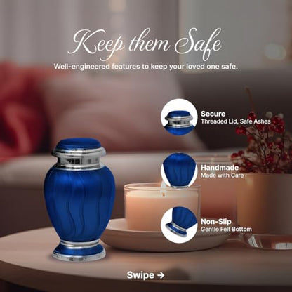 Family Tribute Set of Cremation Urn for Human Ashes Male & Female with 1 Large Urn, 1 Small Keepsake & 1 Silver & 1 Black Cross Necklace- Hotep Tropical Blue - color: Hotep Tropical Blue Set