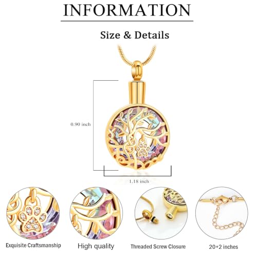 zeqingjw Pet Cremation Jewelry Tree of Life Urn Necklace for Ashes for Dog/Cat Funeral Ashes Keepsake Paw Print Urn Pendant Memorial Jewellery - color: Gold-Purple