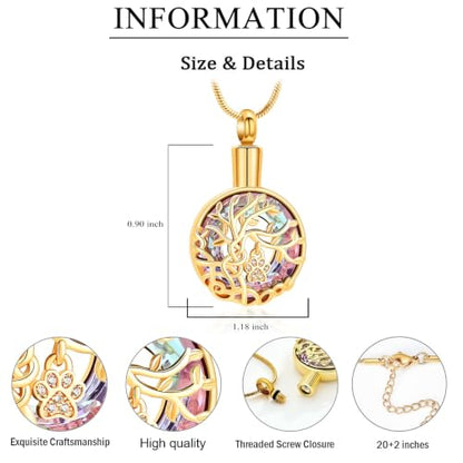 zeqingjw Pet Cremation Jewelry Tree of Life Urn Necklace for Ashes for Dog/Cat Funeral Ashes Keepsake Paw Print Urn Pendant Memorial Jewellery - color: Gold-Purple