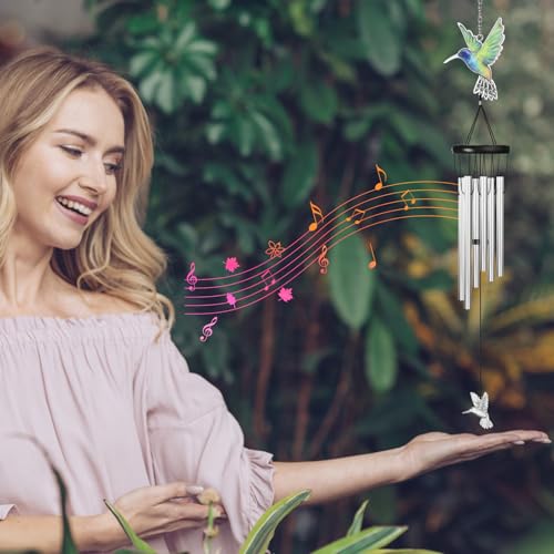 Outdoors Hummingbird Wind Chimes Sympathy Memorial for Loss of Loved One - Soothing Melodic Tones Aluminum Chime Great as a Gift for Your Patio Porch Garden and Backyard (Silvery, Hummingbird) - size: 24.1" Silvery Hummingbird
