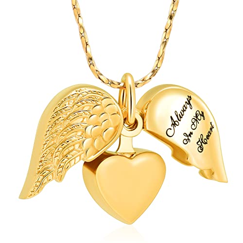 Imrsanl Cremation Jewelry for Ashes Heart Urn Necklace Pendants Ashes for Women Men Family Keepsake Memorial Angel Wing with Charm Heart for Loved Ones - color: Gold