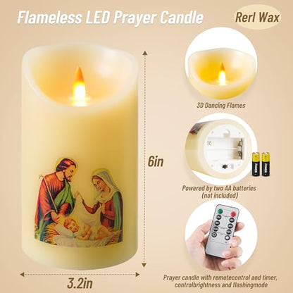 QQFCTOO LED Prayer Flameless Candle with Remote Timer, Battery Powered Candle, Religious Candle, Real Wax, for Home Altar, Church, Devotional ，6" x 3.2"(Holy Family Statue) - style: Holy Family Statue