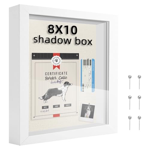 8x10 Shadow Box Frame, 1.2in Deep Keepsake Display Case, Linen Foam Back + 6 Push Pins, Thick Acrylic Front / Protective Film, Wall/Tabletop, for Flowers Tickets Medals Pet Memorial, White - color: White, size: 8x10