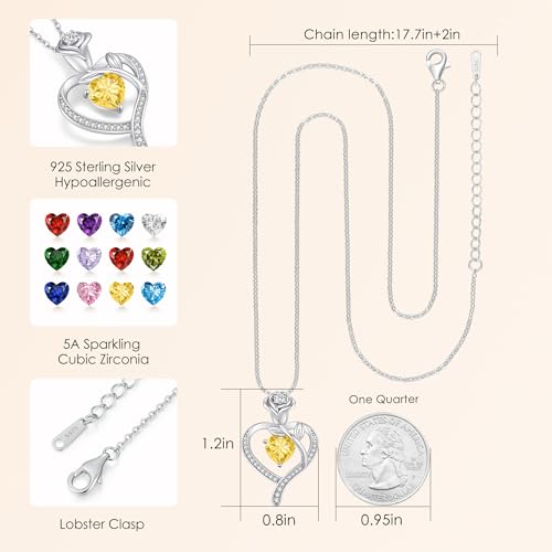925 Sterling Silver Rose Love Heart Birthstone Necklaces for Women Jewelry | Hypoallergenic Nickel-Free & Lead-Free Pendant,Birthday Anniversary Christmas Gift for Women Wife Mom Girlfriend - color: White Gold-11-Nov