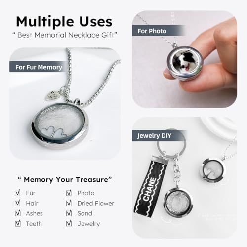 Cat Fur Keepsake Necklace, Ashes Hair Memory Urn with Charm, Glass Circle Memorial Pendant Necklace, Pet Cremation Memorial Jewelry for Women Men, Vial Necklace for Ashes