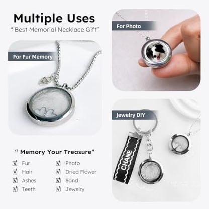Cat Fur Keepsake Necklace, Ashes Hair Memory Urn with Charm, Glass Circle Memorial Pendant Necklace, Pet Cremation Memorial Jewelry for Women Men, Vial Necklace for Ashes